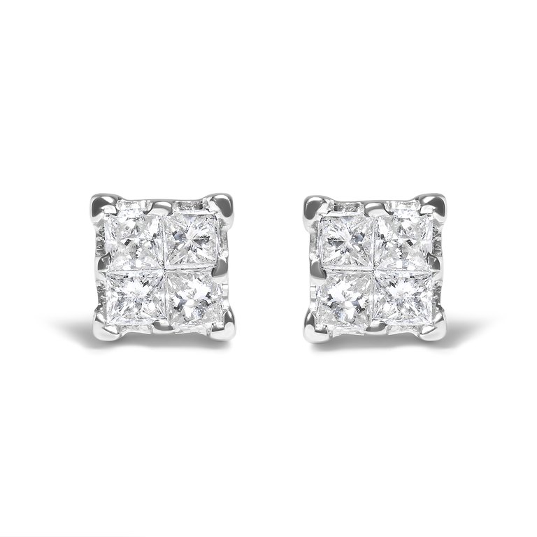 .925 Sterling Silver 1/4 Cttw Invisible Set Princess Diamond Composite Quad Stud Earrings (I-J Color, I1-I2 Clarity) - Sliver