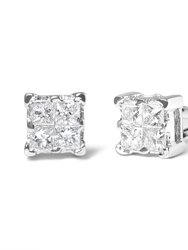.925 Sterling Silver 1/4 Cttw Invisible Set Princess Diamond Composite Quad Stud Earrings (I-J Color, I1-I2 Clarity)