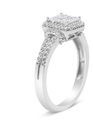 .925 Sterling Silver 1/4 Cttw Princess-Cut Diamond Composite Ring With Beaded Halo - H-I Color, SI1-SI2 Clarity - Size 5