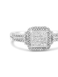 .925 Sterling Silver 1/4 Cttw Princess-Cut Diamond Composite Ring With Beaded Halo - H-I Color, SI1-SI2 Clarity - Size 7 - Silver