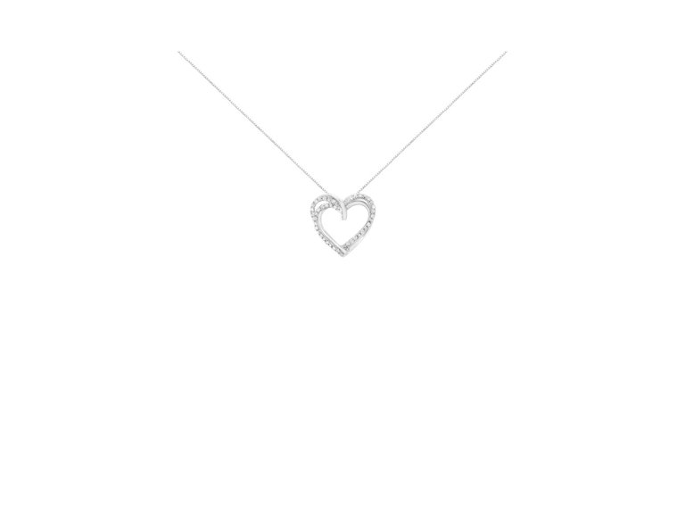 .925 Sterling Silver 1/4 cttw Prong Set Round-Cut Diamond Woven Double Heart 18" Pendant Necklace