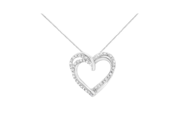 .925 Sterling Silver 1/4 cttw Prong Set Round-Cut Diamond Woven Double Heart 18" Pendant Necklace - White