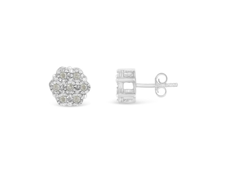.925 Sterling Silver 1/4 Cttw Round-Cut Diamond Miracle-Set Floral Cluster Button Stud Earrings
