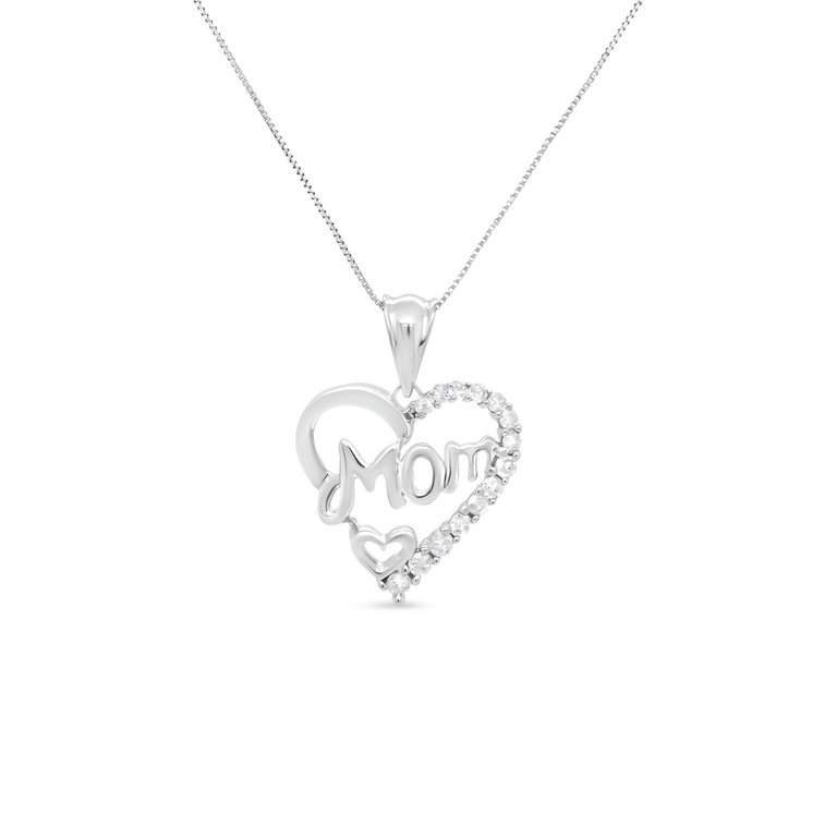 .925 Sterling Silver 1/4 Cttw Round Diamond "Mom" Openwork Heart Pendant 18" Necklace - I-J Color, I2-I3 Clarity - Silver