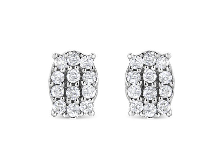 .925 Sterling Silver 1/4 Cttw Round Diamond Oval Shaped Cluster Stud Earrings - White