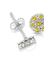 .925 Sterling Silver 1/4 Cttw Yellow Color Treated Diamond Cluster Flower Earrings