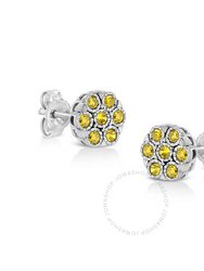 .925 Sterling Silver 1/4 Cttw Yellow Color Treated Diamond Cluster Flower Earrings - White