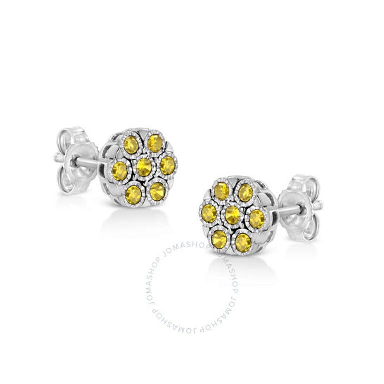 .925 Sterling Silver 1/4 Cttw Yellow Color Treated Diamond Cluster Flower Earrings - White