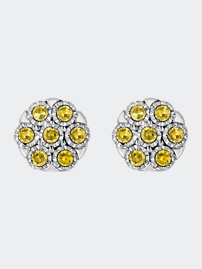 .925 Sterling Silver 1/4 Cttw Yellow Color Treated Diamond Cluster Flower Earrings - Yellow
