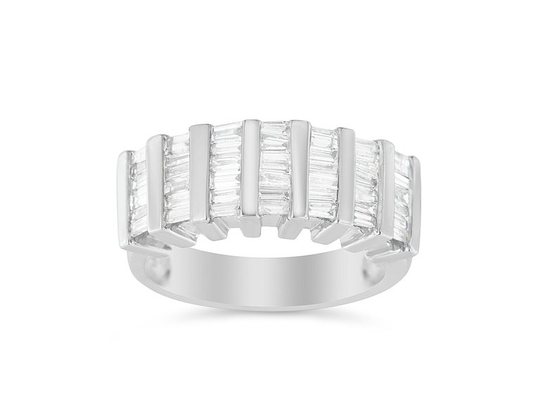 .925 Sterling Silver 1.0 Cttw Baguette Cut Diamond Vertical Channel Fluted Multi-Row Unisex Fashion Wedding Ring - White
