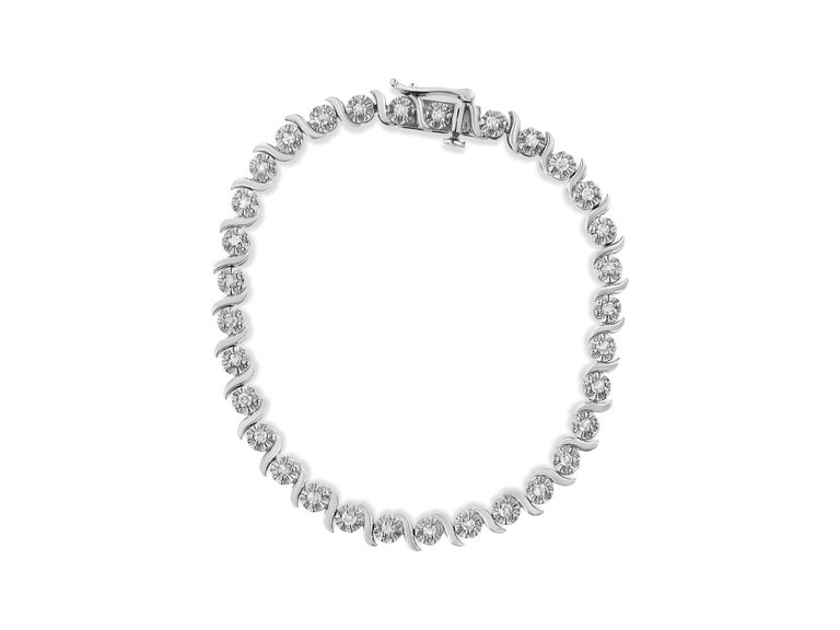 .925 Sterling Silver 1.0 Cttw Diamond Spiral Wave Curved-Link 7" Tennis Bracelet