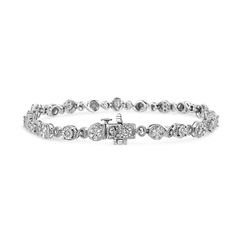 .925 Sterling Silver 1.0 Cttw Diamond Swirl Beaded Link Bracelet - 7.25"