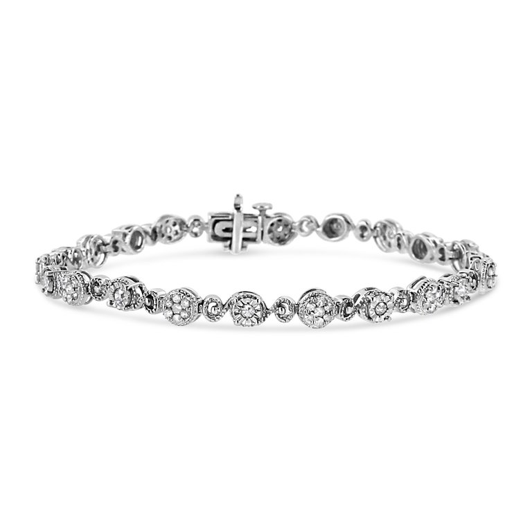 .925 Sterling Silver 1.0 Cttw Diamond Swirl Beaded Link Bracelet - 7.25" - Silver