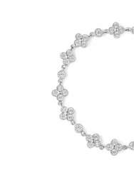 .925 Sterling Silver 1.0 Cttw Miracle-Set Diamond 4 Leaf And Solitaire Station Link Bracelet - Sterling Silver