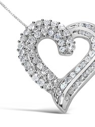.925 Sterling Silver 1.0 Cttw Prong & Channel-Set Diamond Open Work Ribbon Heart Pendant 18" Necklace - I-J Color, I3 Clarity - White