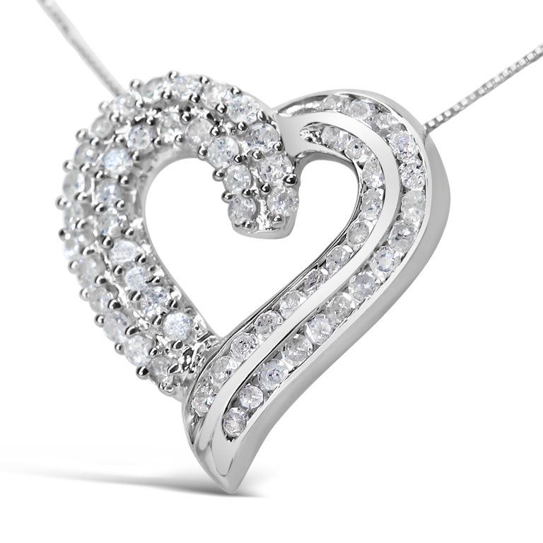 .925 Sterling Silver 1.0 Cttw Prong & Channel-Set Diamond Open Work Ribbon Heart Pendant 18" Necklace - I-J Color, I3 Clarity