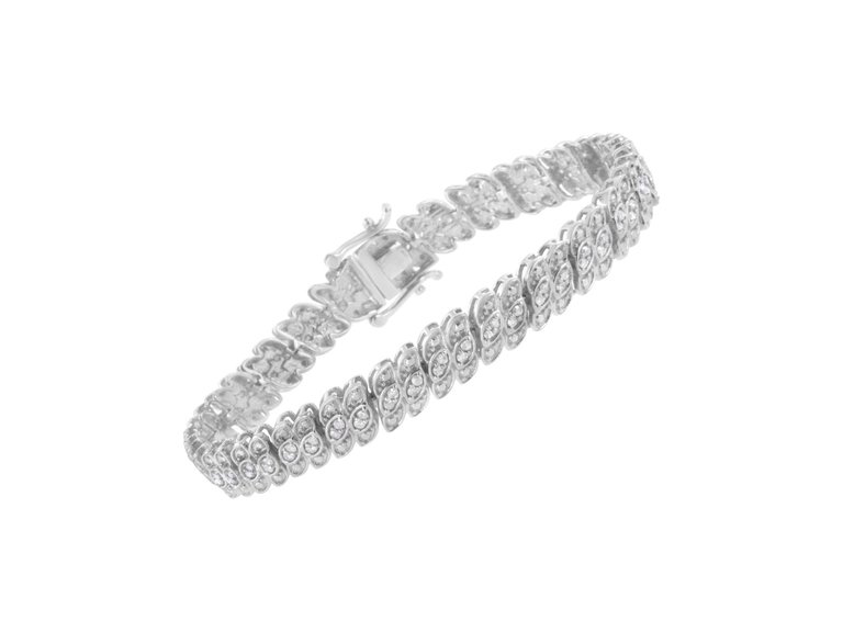 .925 Sterling Silver 1.0 Cttw Prong-Set Round-Cut Diamond Leaf And Pear Shaped Link Tennis Bracelet