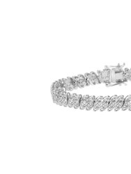 .925 Sterling Silver 1.0 Cttw Prong-Set Round-Cut Diamond Leaf And Pear Shaped Link Tennis Bracelet - White