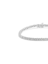 .925 Sterling Silver 1.0 Cttw Round & Baguette Cut Diamond 7" Alternating Round and Square Station Tennis Bracelet - Silver