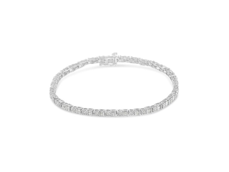 .925 Sterling Silver 1.0 Cttw Round & Baguette Cut Diamond 7" Alternating Round and Square Station Tennis Bracelet