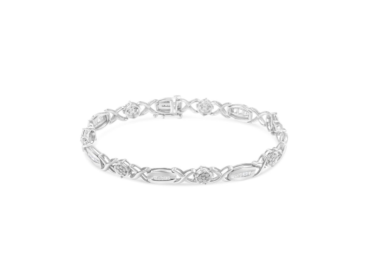 Haus of Brilliance .925 Sterling Silver 1.0 Cttw Round-Cut and Baguette-Cut  Diamond X-Link Bracelet