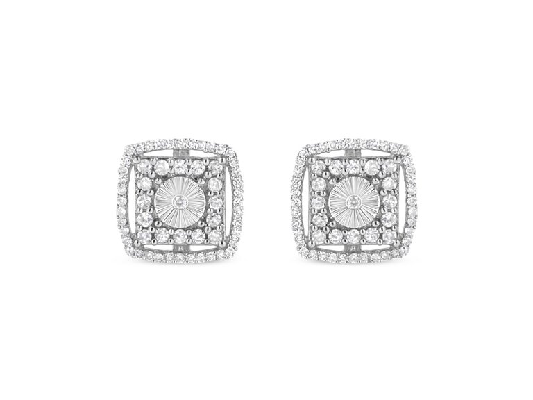 .925 Sterling Silver 1.0 Cttw Round Diamond Double Halo and Disc Stud Earring - White