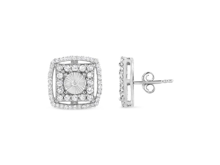.925 Sterling Silver 1.0 Cttw Round Diamond Double Halo and Disc Stud Earring