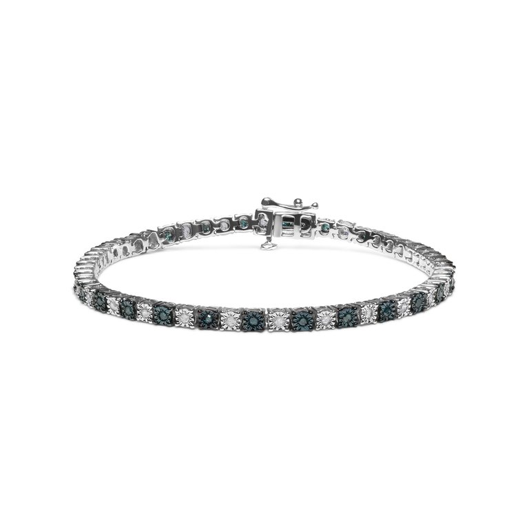 .925 Sterling Silver 1.0 Cttw With Alternating Round White Diamond And Round Treated Blue Diamond Tennis Bracelet (Blue And I-J Color, I3 Clarity) - Sliver