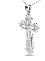 .925 Sterling Silver 1.00 Cttw Diamond Fleur De Lis Cross 18" Pendant Necklace (H-I Color, I2-I3 Clarity)