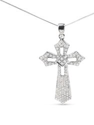 .925 Sterling Silver 1.00 Cttw Diamond Fleur De Lis Cross 18" Pendant Necklace (H-I Color, I2-I3 Clarity) - Silver