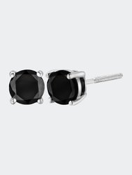 .925 Sterling Silver 1.00 Cttw Round Brilliant-Cut Black Diamond Bezel-Set Stud Earrings With Screw Backs - Silver Black
