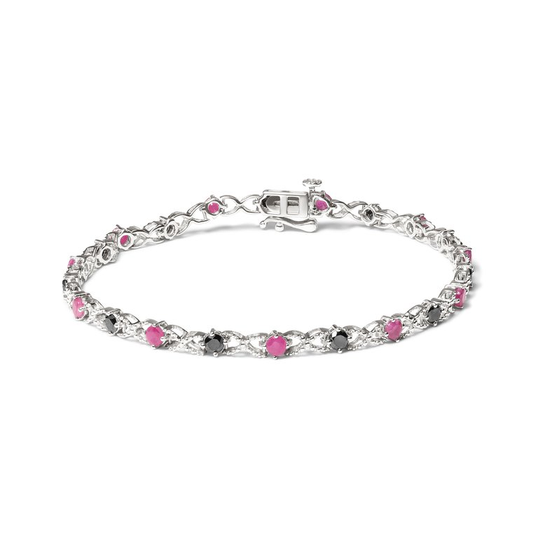 .925 Sterling Silver 1.00 Cttw Treated Black Diamond With 3.00mm Lab Created Pink Ruby 7.25" X-Link Bracelet - Black Color, I2-I3 Clarity - Silver