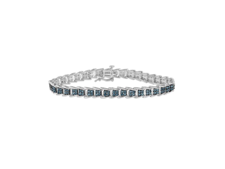 .925 Sterling Silver 2 cttw Treated Blue Diamond Fan-Shaped Nested Link 7" Tennis Bracelet - White
