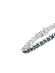 .925 Sterling Silver 2 cttw Treated Blue Diamond Fan-Shaped Nested Link 7" Tennis Bracelet