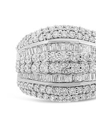 .925 Sterling Silver 2.00 Cttw Round and Baguette-Cut Diamond Cluster Ring - H-I Color, I1-I2 Clarity - Size 8 - Silver