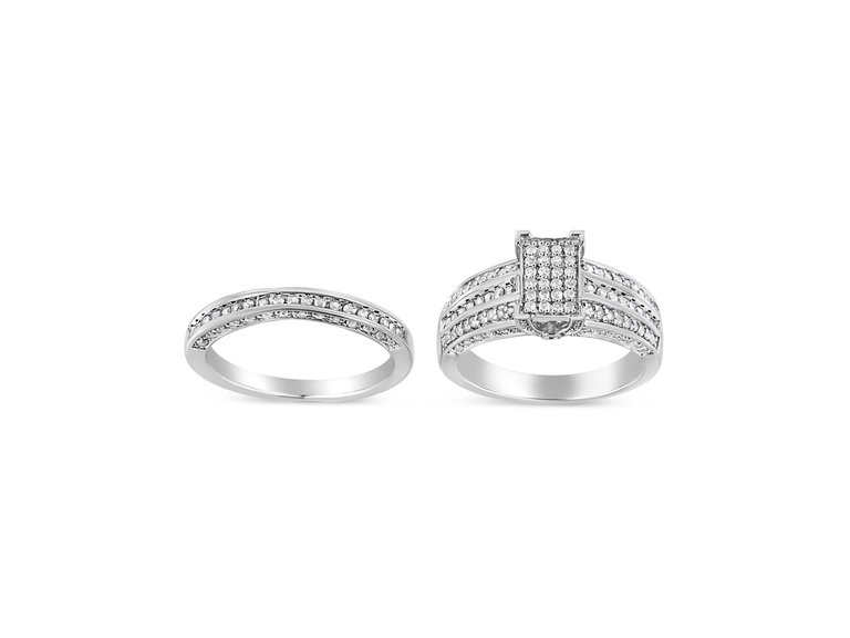 .925 Sterling Silver 3/4 Cttw Prong Set Round Diamond Composite Engagement Ring and Band Set - Silver