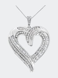.925 Sterling Silver 3/4 Cttw Round And Baguette-Cut Diamond Open Heart 18" Pendant Necklace