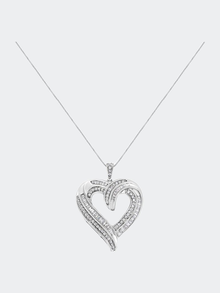 .925 Sterling Silver 3/4 Cttw Round And Baguette-Cut Diamond Open Heart 18" Pendant Necklace - White