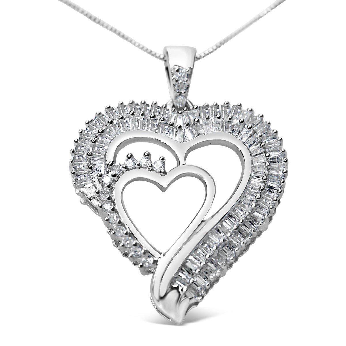 Haus of Brilliance .925 Sterling Silver 3/4 Cttw Round And Baguette Diamond  Double Heart Pendant 18