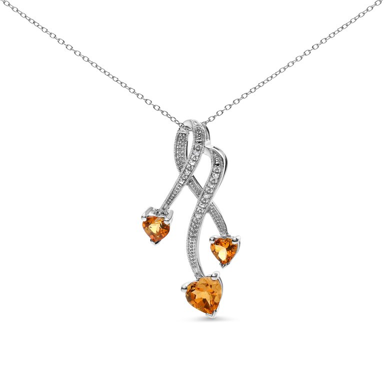 .925 Sterling Silver 3-Stone Heart Shape Citrine And Diamond Accent Spiral Drop 18" Pendant Necklace (H-I Color, SI1-SI2 Clarity) - Silver