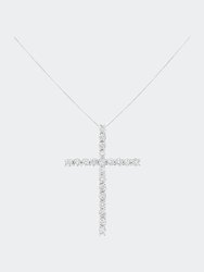 .925 Sterling Silver 4.0 Cttw Diamond 2-1/4" Cross Pendant With Box Chain Necklace