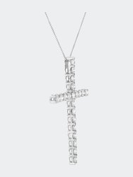 .925 Sterling Silver 4.0 Cttw Diamond 2-1/4" Cross Pendant With Box Chain Necklace