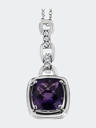 .925 Sterling Silver 6x6MM Cushion Shaped Natural Purple Amethyst and Diamond Accented Bale 18" Inch Pendant Necklace - White