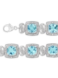 .925 Sterling Silver 7x7 mm Cushion Cut Blue Topaz and 1/10 Ctw Single Cut Diamond Square Shape Tennis Bracelet (I-J Color, I1-I2 Clarity) - 7"