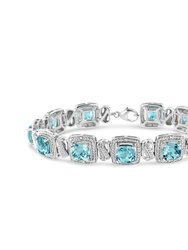 .925 Sterling Silver 7x7 mm Cushion Cut Blue Topaz and 1/10 Ctw Single Cut Diamond Square Shape Tennis Bracelet (I-J Color, I1-I2 Clarity) - 7" - Silver