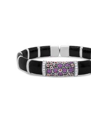 .925 Sterling Silver Black And Brown Enamel 1/3 Cttw Round Diamonds And Pink And Orange Sapphire Gemstones Floral Statement Bangle Bracelet - 7.75"