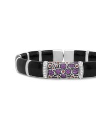 .925 Sterling Silver Black And Brown Enamel 1/3 Cttw Round Diamonds And Pink And Orange Sapphire Gemstones Floral Statement Bangle Bracelet - 7.75" - Silver