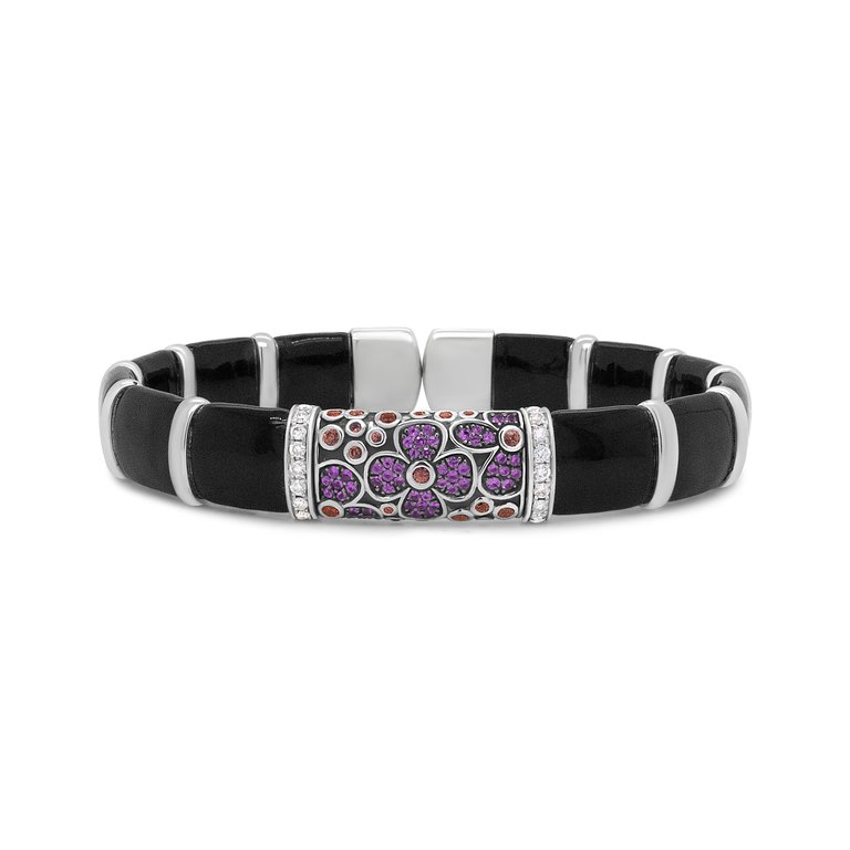 .925 Sterling Silver Black And Brown Enamel 1/3 Cttw Round Diamonds And Pink And Orange Sapphire Gemstones Floral Statement Bangle Bracelet - 7.75" - Silver