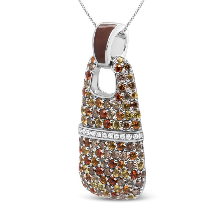 .925 Sterling Silver Brown Enamel 1 Cttw White And Brown Diamonds And 1.5mm Yellow And Orange Sapphire Gemstones Statement 18" Pendant Necklace