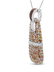 .925 Sterling Silver Brown Enamel 1 Cttw White And Brown Diamonds And 1.5mm Yellow And Orange Sapphire Gemstones Statement 18" Pendant Necklace